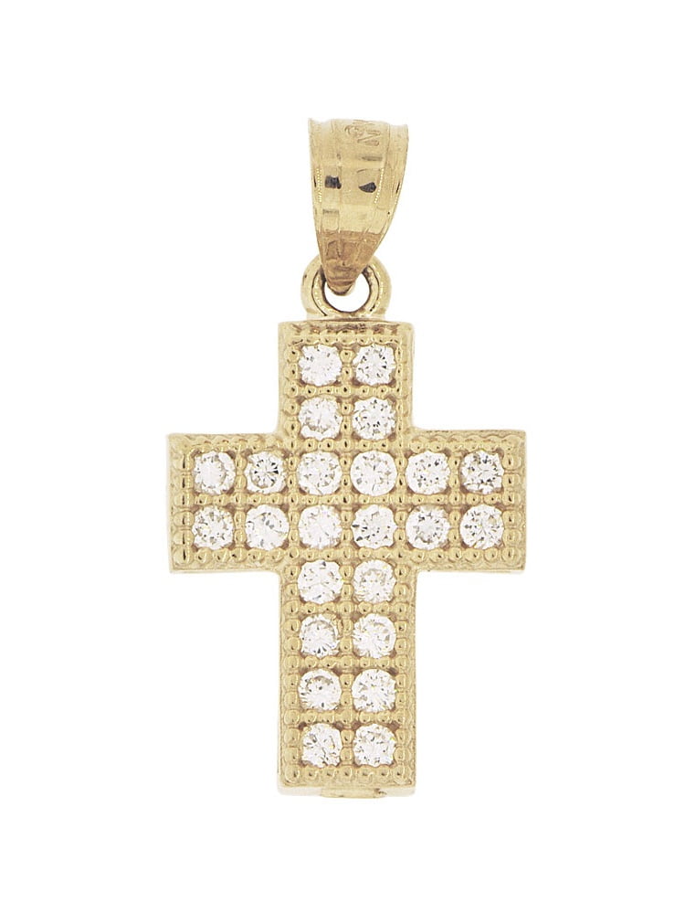 Small Cross Pendant Religious Charm Created CZ Crystals 14k Yellow Gold White Rhodium