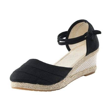 

GNEIKDEING Women Ripple Linen Sandals Platform Wedge Sandals Versatile Braided Buckle Breathable Wedge Sandals Gift on Clearance