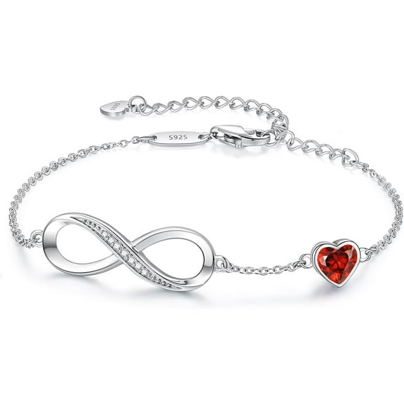 Leander Infinity Heart Birthstone Charm Link Bracelet for Women 925 Sterling Silver Adjustable Mother's Day Gift Anniversary Birthday Jewelry for Wife Girlfriend Her