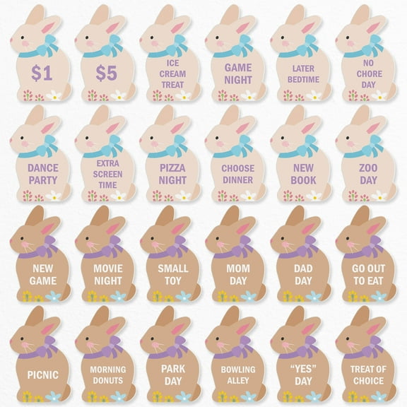 Big Dot of Happiness Spring Easter Egg Hunt Token Stuffers, 24 Count Bunny Shape Egg Filler Tokens with Fun Rewards for Kids, Reusable Easter Activity, Egg Hunt Supplies