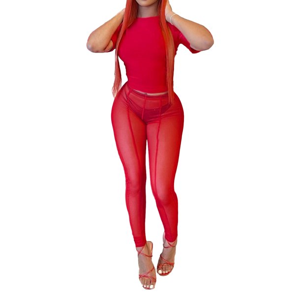 SAYOO Conjuntos de Pantalones Largos para Mujer, Tops Cortos de Manga Corta de Color Puro + Conjunto de Pantalones Transparentes de Cintura Alta SAYOO Moda