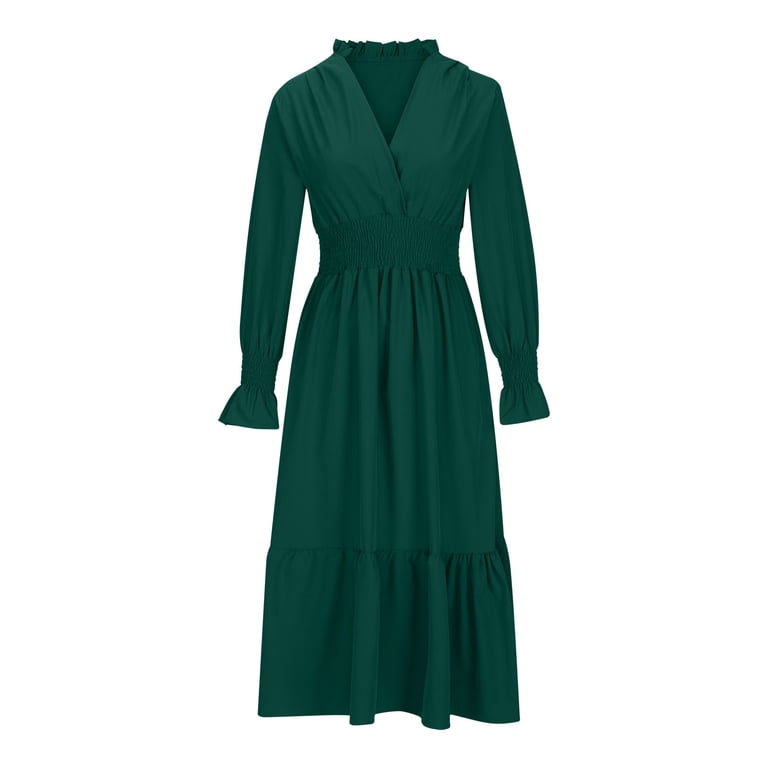 Blczomt Wrap Holiday Dresses for Women Green Plain Long Sleeve Flowy A Line Maxi Elegant V Neck Dress, Women's, Size: 4,6,8,10,12,14,16,18,20