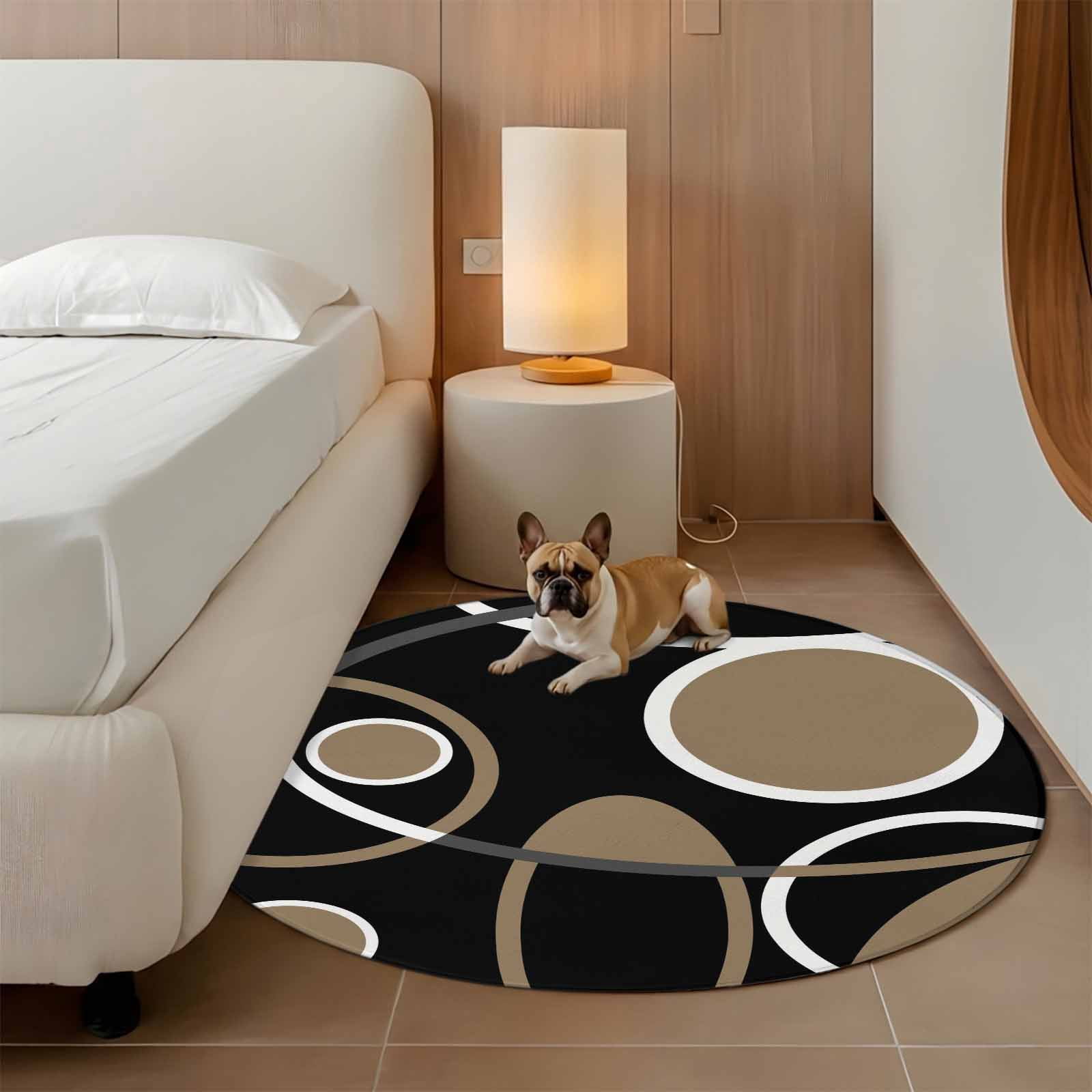 Round Area Rugs Collection 6 Ft, Black Brown Non-Slip Residential Carpet, White Circle Modern Minimalist Geometric Indoor Crawling Mats Runner Rugs for Living Room/Dining Room/Bedroom