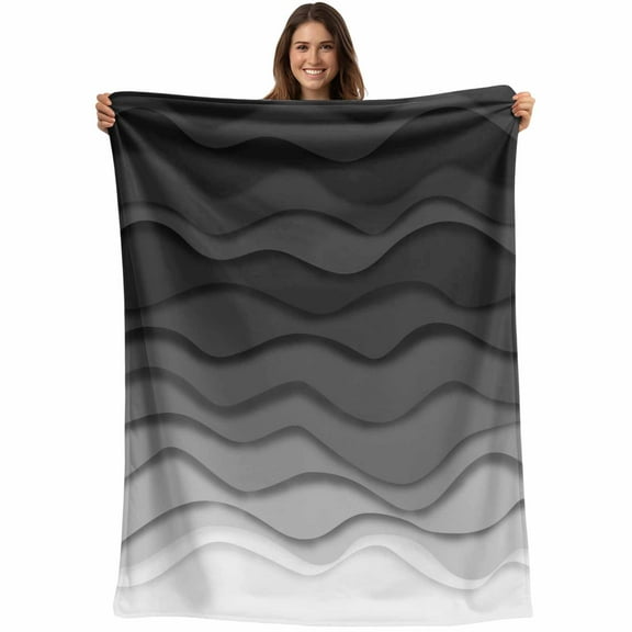 Flannel Fleece Throw Blanket Black Grey Gradient Wave Lightweight Soft Plush Blankets,Abstract Geometric Cozy Warm Throw Blanket for Couch Sofa Bed Car Office All Season Use 40x50in