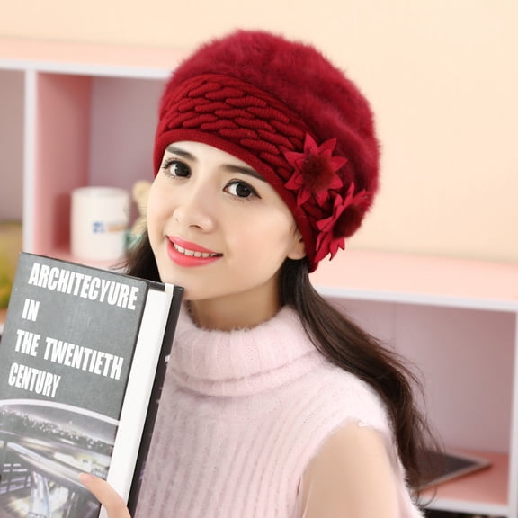 Dyfzdhu Women Winter Warm Floral Cap Knitted Hat Beret Baggy Beanie Slouch Ski Red