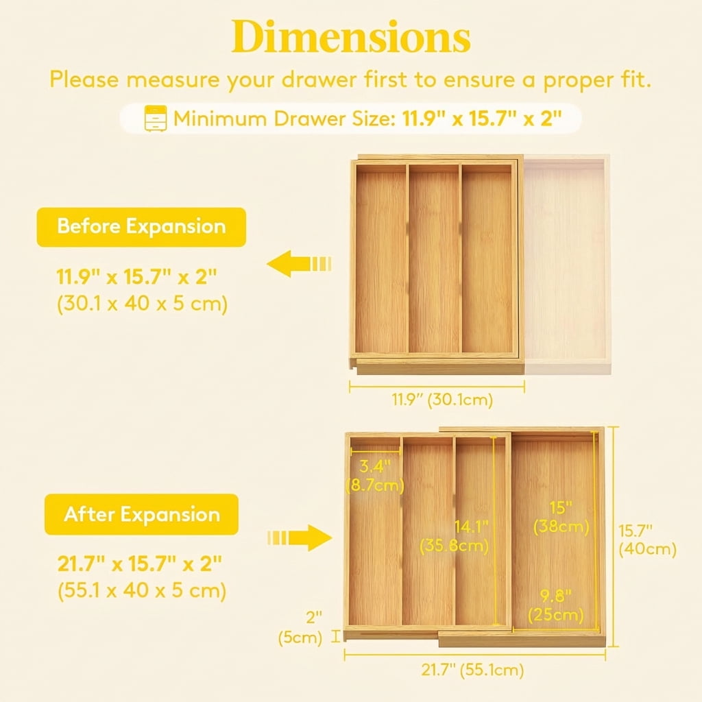 Norcho Expandable Bamboo Utensil Organizer Tray, Adjustable Cutlery and Flatware Holder for Kitchen Drawer, 11.9–21.7 x 15.75"