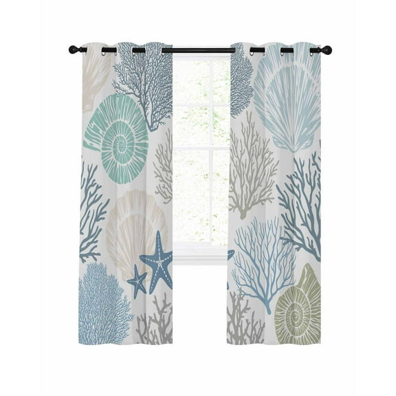 Coastal Coral Blackout Curtains 39 Inches Length, Blue Nautical Starfish Ocean Shell Beach Window Treatment Thermal Insulated Drapes for Bedroom Living Room 2 Panels 55x39 Inches