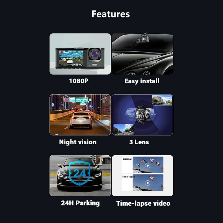 JQVV 3 Channel Dash Cam, 1080P Front and Rear Inside, Dashcam