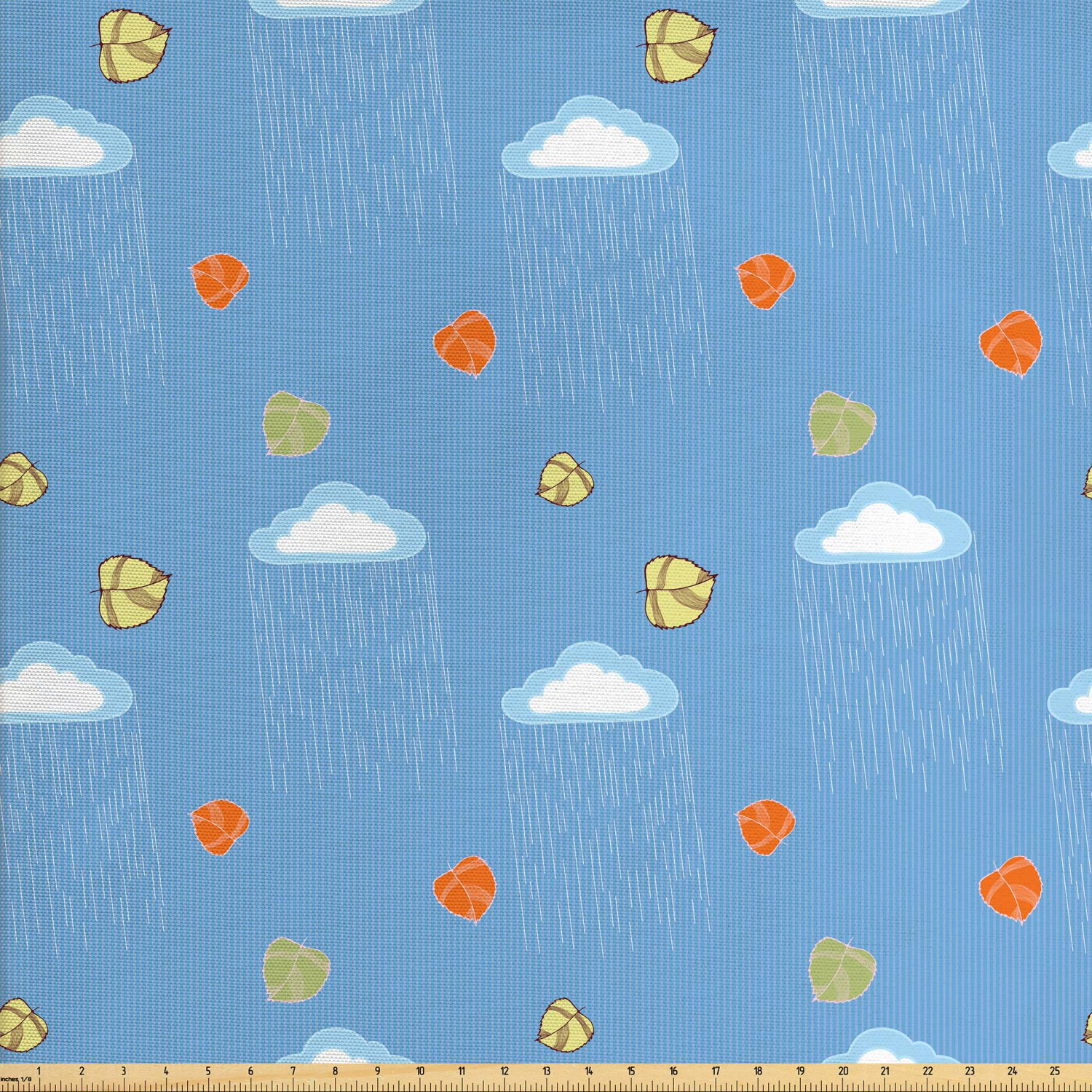 Rain Fabric by The Yard, Striped Blue Background with Rain Clouds and