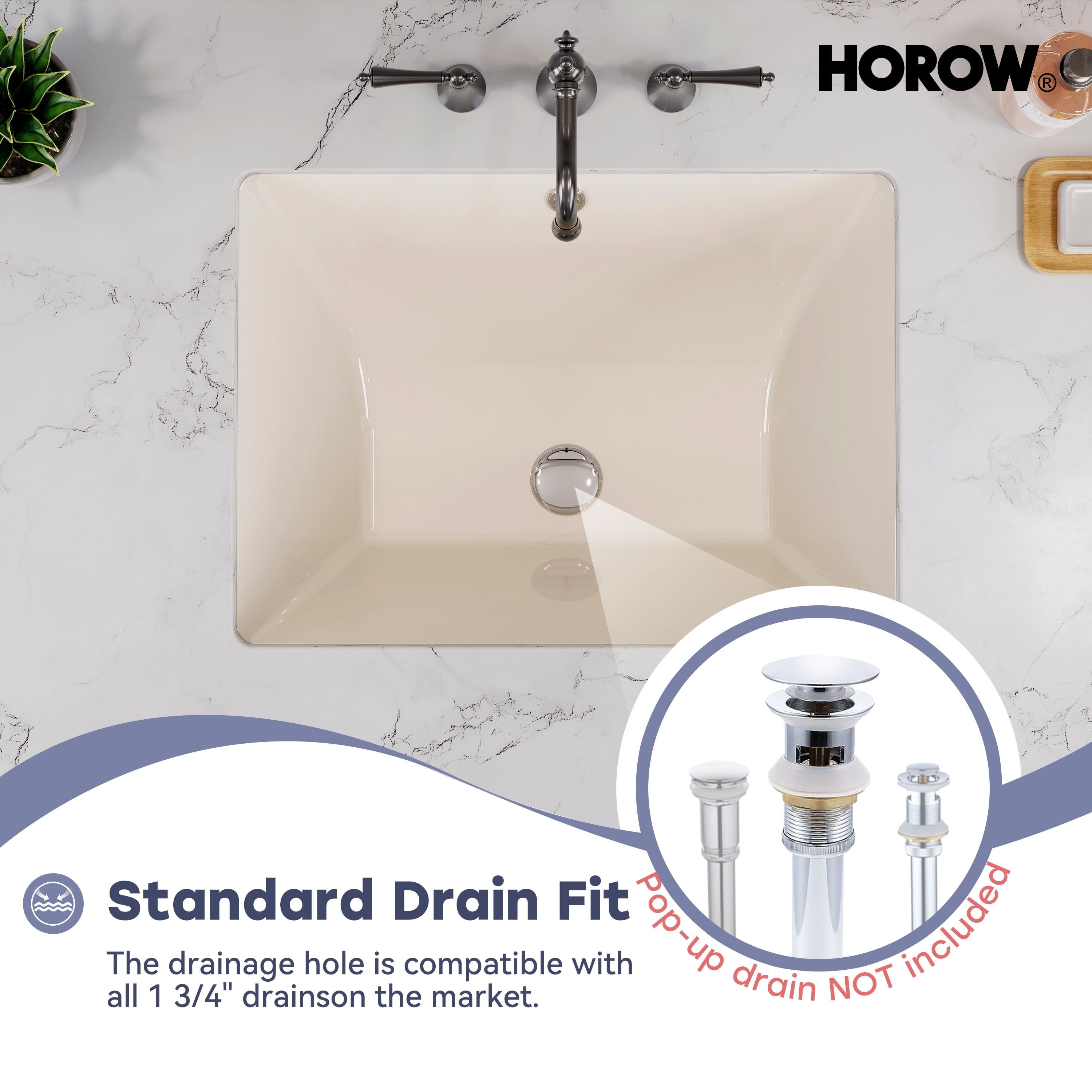 HOROW 20 x 15 Inch Undermount Bathroom Sink Rectangle with Overflow, White Ceramic Under Counter Bisque