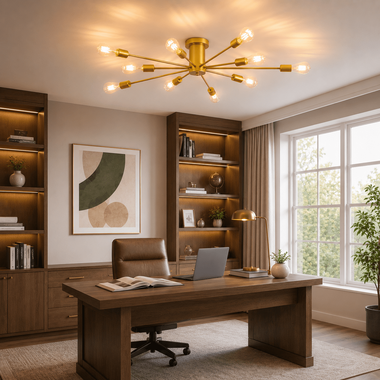 Garwarm 10-Light Gold Sputnik Chandelier, Modern Semi Flush Mount Ceiling Light, Industrial Ceiling Lighting Fixture for Dining Room, Living Room, Bedroom, Kitchen, Foyer