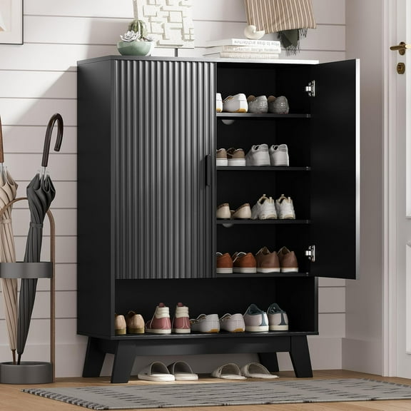 FANRAL Shoe Cabinet with Doors,4-Tier Modern Shoe Storage Cabinet,Slim Wood Shoe Rack for Entryway,Black Shoe Organizer for Entryway