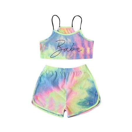 

Baby Girls Sleeveless Spaghetti Straps Tie Dye Tank Top + Elastic Waist Shorts