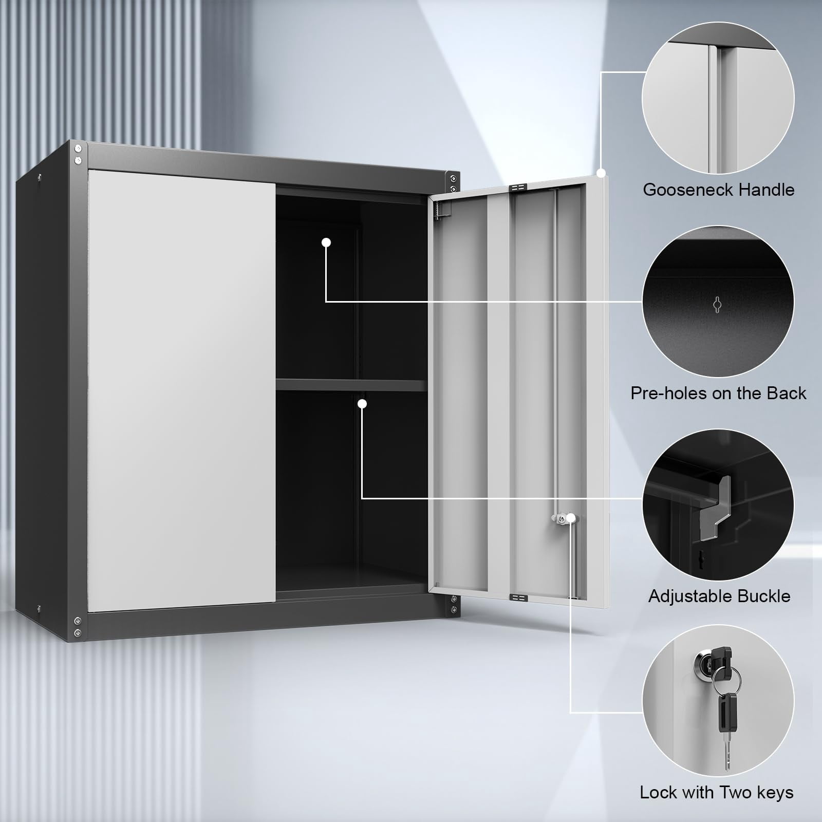 Marcree 28'' Metal Wall Garage Cabinet with Lock, Metal Garage Storage Cabinets with Adjustable Shelf and 2 Doors, Steel Cabinet for Garage, Office and Home，Grey&Black