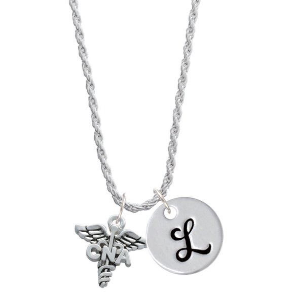 Delight Jewelry Silvertone Caduceus - CNA Silvertone Script Initial Disc - L - Charm Necklace, 20"+3"
