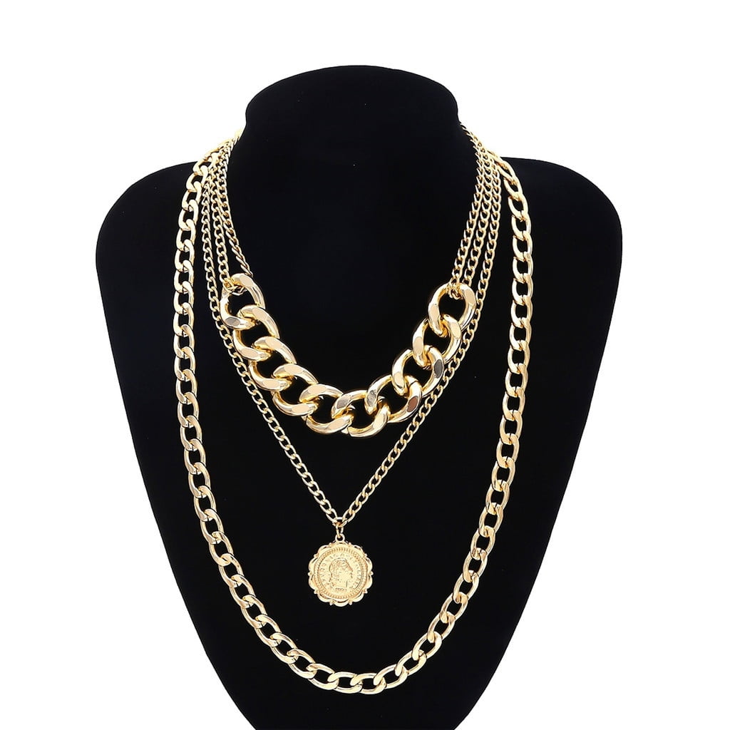 Gold Necklace Lock Padlock Locket Pendant Coin Curb Chain Layering