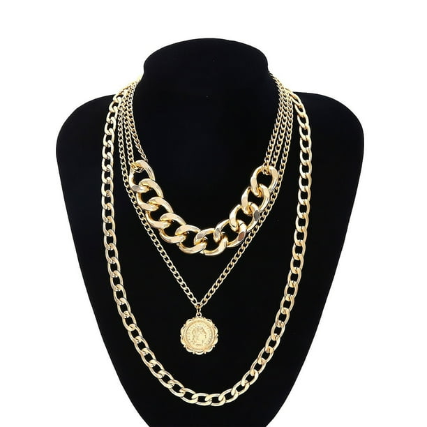 Collar para mujer, joyería para mujer, collar de oro grueso con candado, colgante de medallón, cadena de monedas, collar de moda en capas
