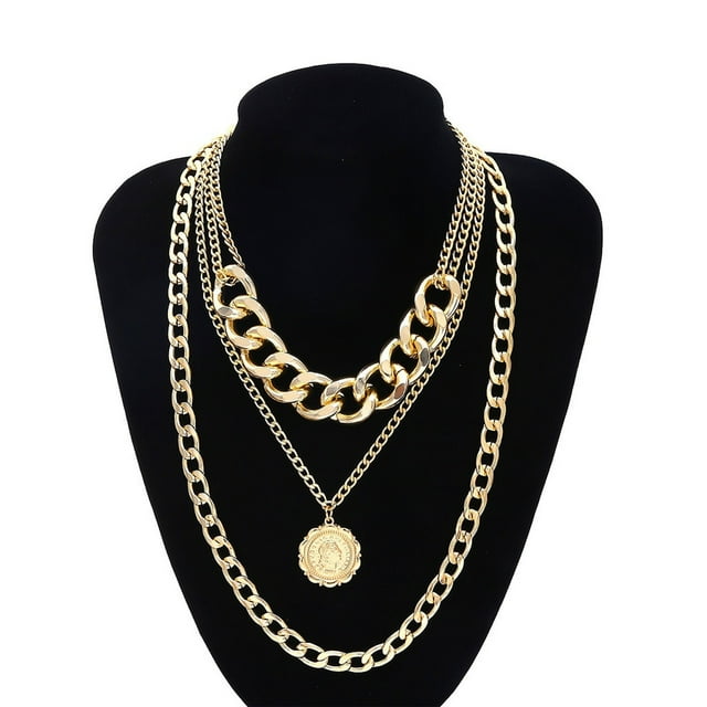 Fiudx Collar de Oro Macizo y Candado, Colgante de Medallón, Cadete de Eslabones de Monedas