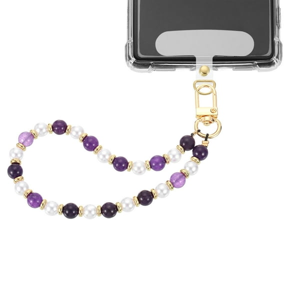 Uxcell Phone Wrist Strap, Pearl Beaded Phone Charm with Tether Tab, Purple & White