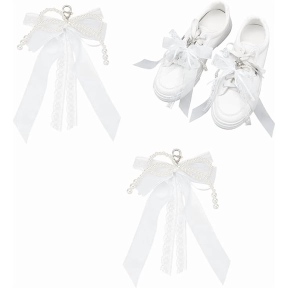 2Pcs Pearl Shoe Charms Bowknot Shoelace Charms with Lace Ribbon Clip on Pearl Bowknot Charms White DIY