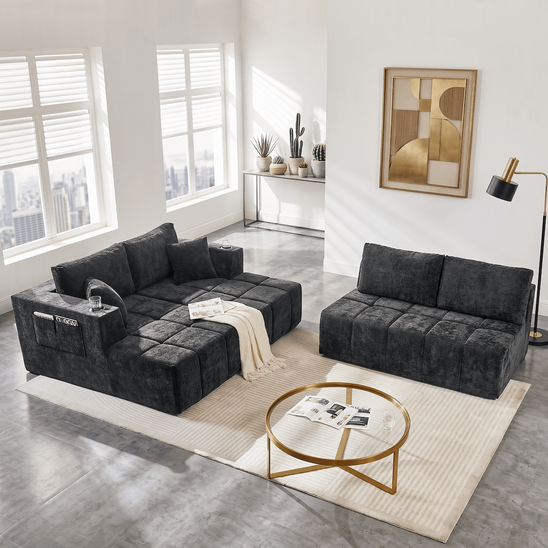 132" Modular Cloud Couch Sectional Sofa, U-Shaped Chenille Sectional with Double Chaise, Cup Holders & Side Pockets, Modern Oversized Sofa for Living Room, No Assembly, Black