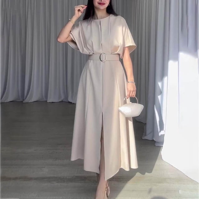 Women's Casual Solid Color Round Neck Short Sleeve Dress Lightweight Comfortable Polyester Loose Fit Midi Dress for Daily Work Outdoor Spring