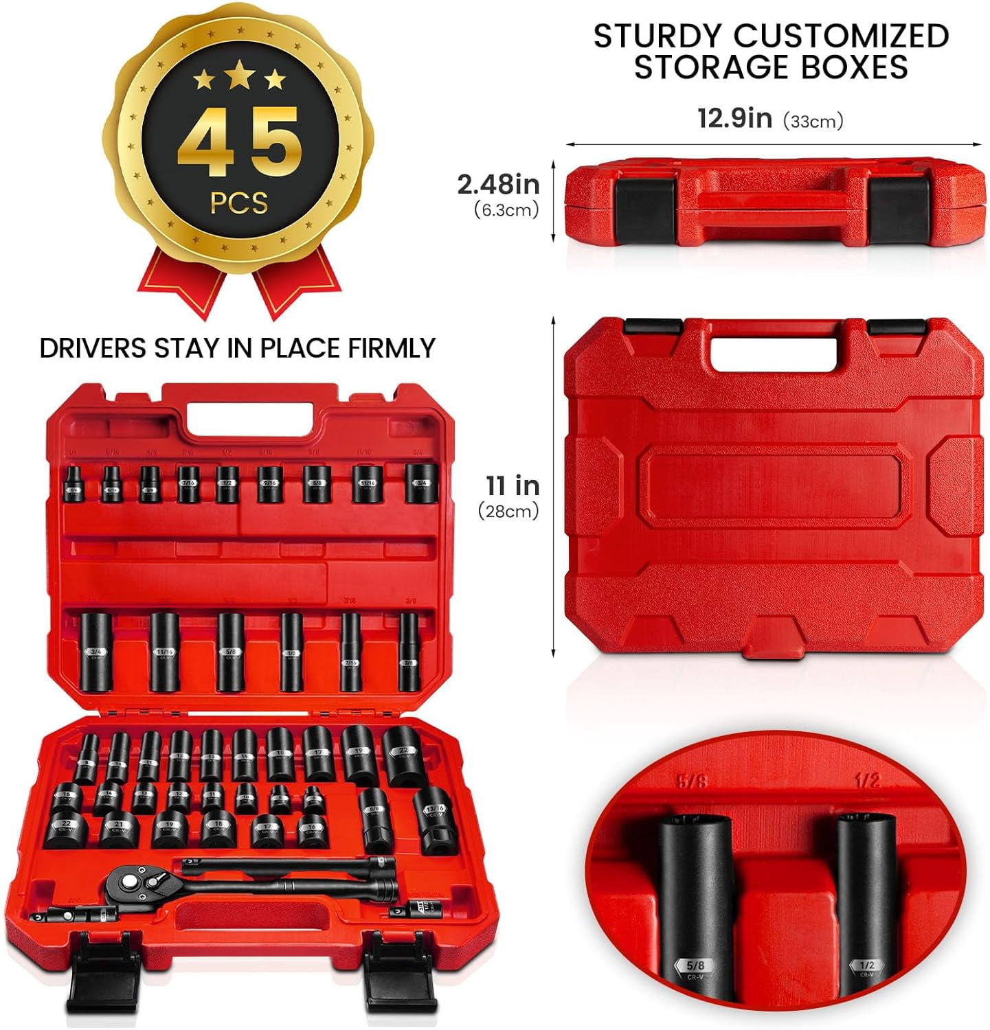 3/8" Drive Impact Socket Set, 45 Pieces Standard SAE (1/4" to 3/4") and Metric (6-22 mm), 6 Point, 72-Tooth Ratchet Handle, 6" Extension Bar, Adapters, Universal Joint, Spark Plug Socket