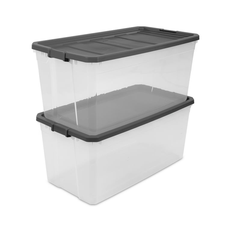 Sterilite 200 Quart Plastic Stacker Box, Lidded Storage Bin Container for  Home and Garage Organizing, Shoes, Tools, Clear Base & Gray Lid, 3-Pack