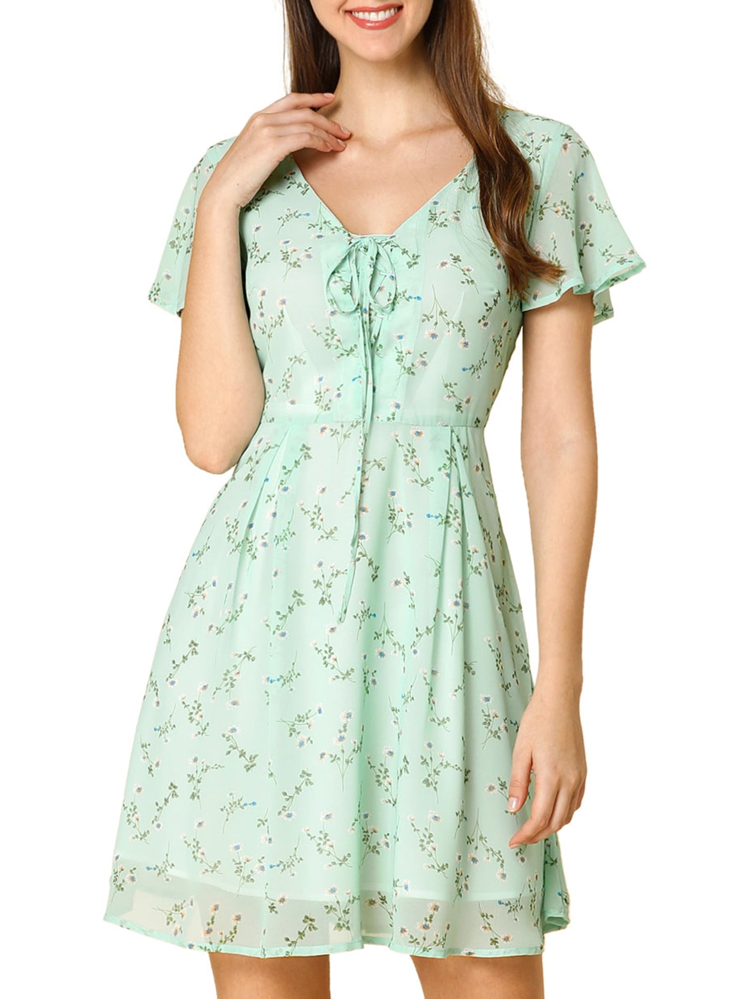 DARING DIVA Floral Flouncing Sleeve V Neck A-Line Chiffon Dress  S Green