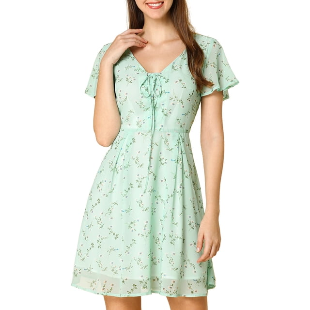 INSPIRE CHIC Robe en Mousseline à Fleurs pour Femme, Col en V, Manches Courtes Évasées, à Lacets et à Fermeture Éclair, L Vert Pâle
