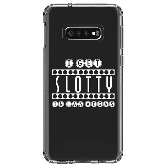 DistinctInk Clear Shockproof Hybrid Case for Samsung Galaxy S10e (5.8" Screen) - TPU Bumper Acrylic Back Tempered Glass Screen Protector - I Get SLOTTY in Las Vegas