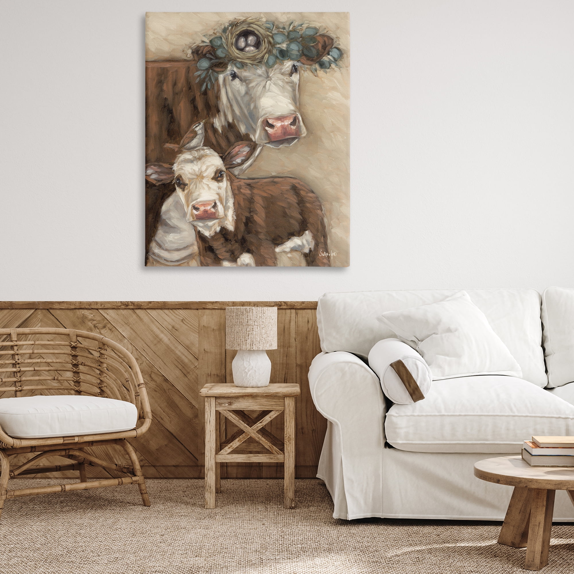 Stupell Industries Cow & Calf with Bird Nest Animals Painting Wrapped Canvas Art Print Wall Art, 36 x 48