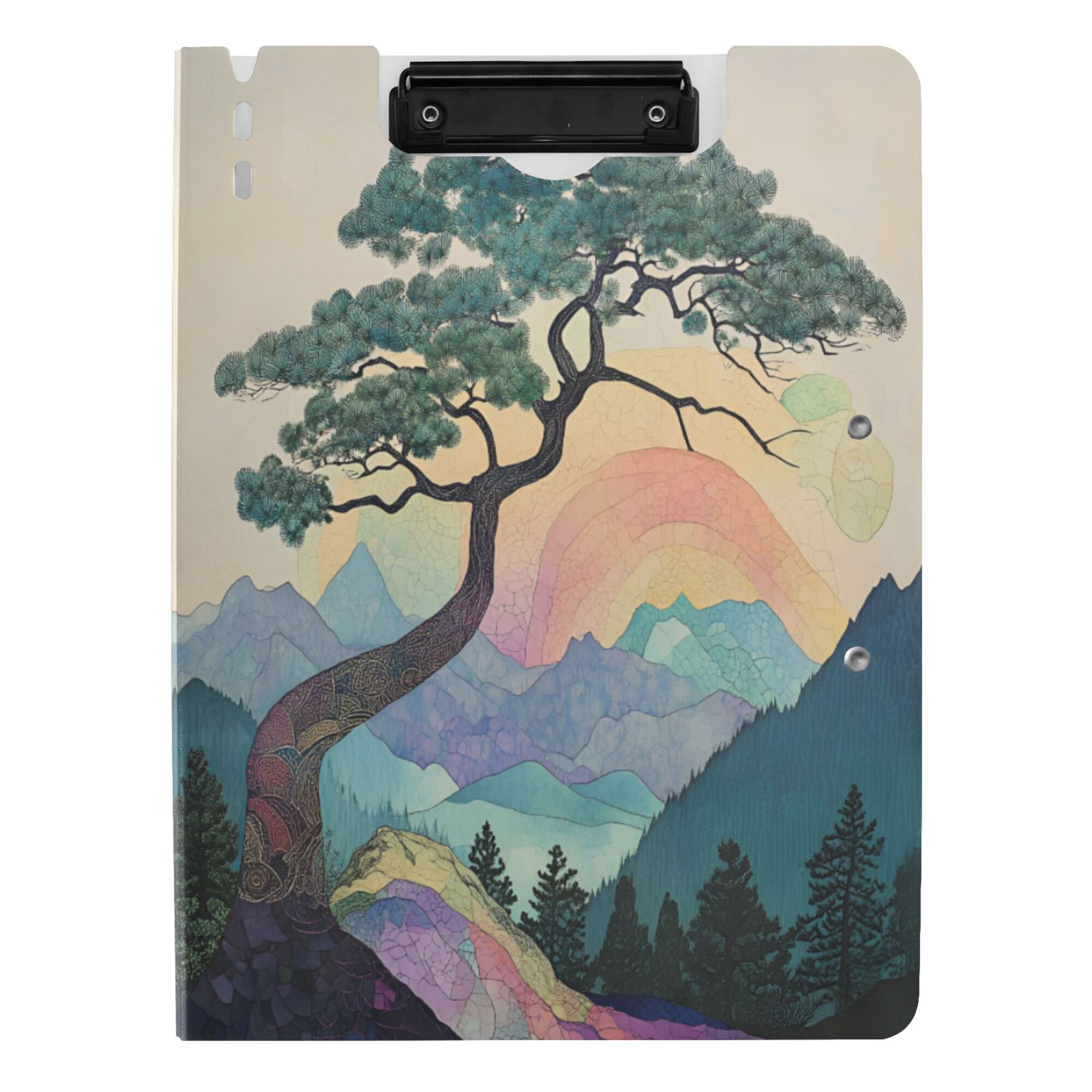 FORMRS A4 Clipboard Folder with Pen Holder Horizontal Foldable School Office Binder, Pine Tree Rainbow