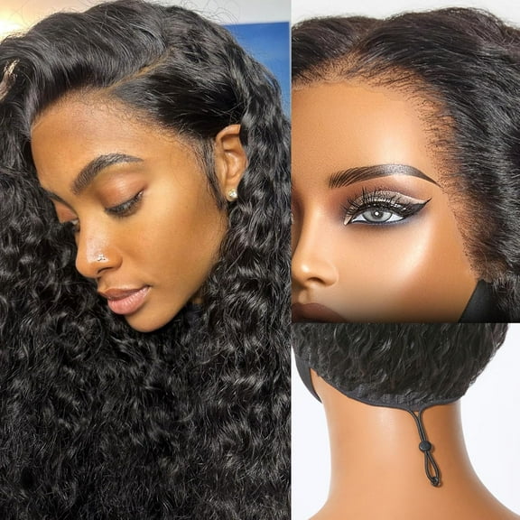 LUVME Flexi-Fit Drawstring 13x4 Lace Front Wigs 14" Water Wave Human Hair Pre Cut Plucked Natural Black for Women