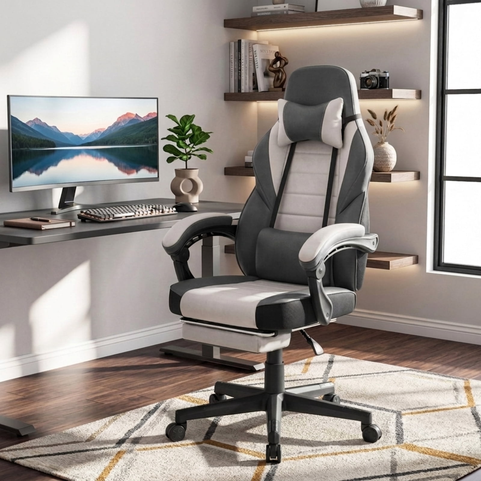 Furnibear Ergonomic Video Game Chair with Headrest 155 Degree Reclining Backrest Retractable Footrest and Swivel Base for Home Office, Gray