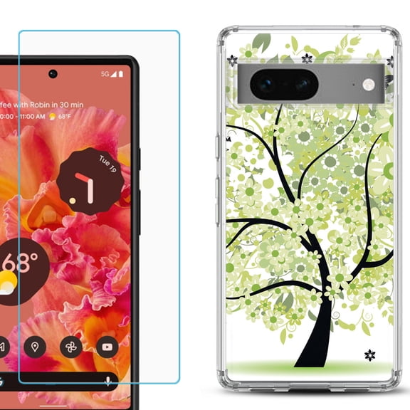 Slim-Fit Gel TPU Phone Case for Google Pixel 7, with Tempered Glass Screen Protector, by OneToughShield ® - Green Tree