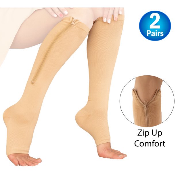 2 Pairs Zipper Pressure Compression Socks Support Stockings Leg Open Toe Knee High 2030