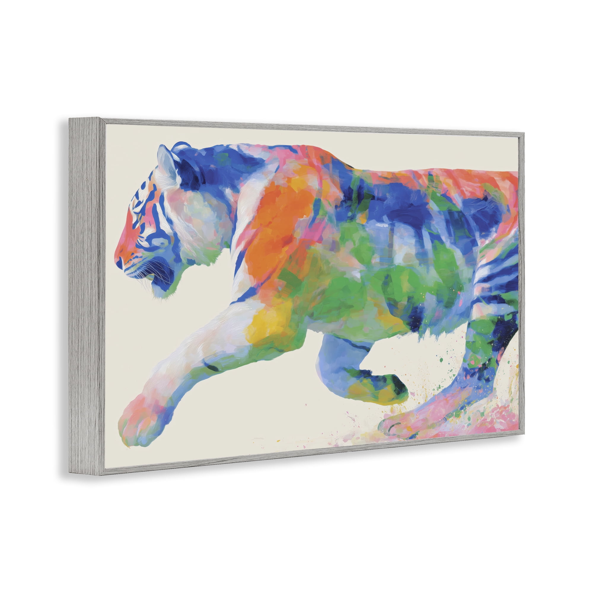 Stupell Industries Colorful Tiger In Motion Gray Framed Giclee Art, design by Chromatic Storm Studio