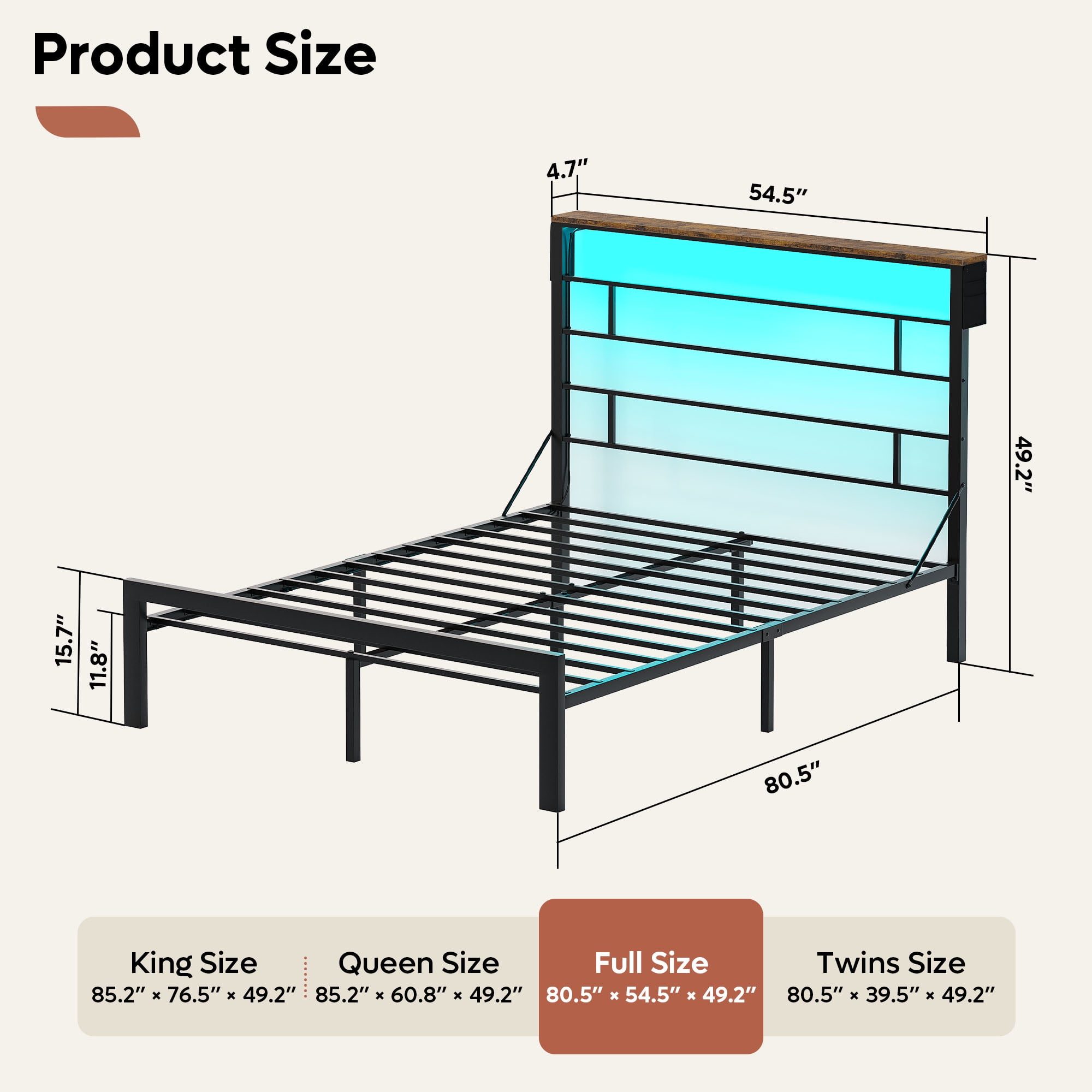 Bestier Full Size Bed Frame with 49.2" High LED Storage Headboard Shelf, Metal Platform Bed, Black