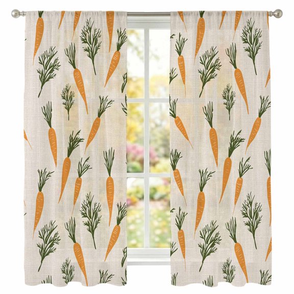 Easter Carrot Sheer Curtains 63 inches Long, and Leaves Retro Linen Light Filtering Sheer Window Curtains Rod Pocket Voile Drapes for Bedroom Living Room, 2 Panels