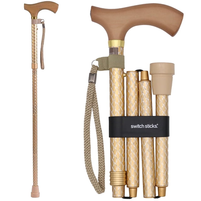 Bastón plegable Switch Sticks para mujer y hombre - Ajustable de 81 a 94 cm, ligero, con mango ergonómico de madera y punta de goma antideslizante. Soporta 120 kg. Bastones para mujer para mayor estab