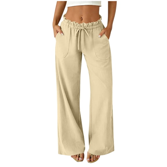 Admvng Women's Linen Pants Elastic Waist Straight Leg Pockets Summer Beach Casual Vacation Trousers