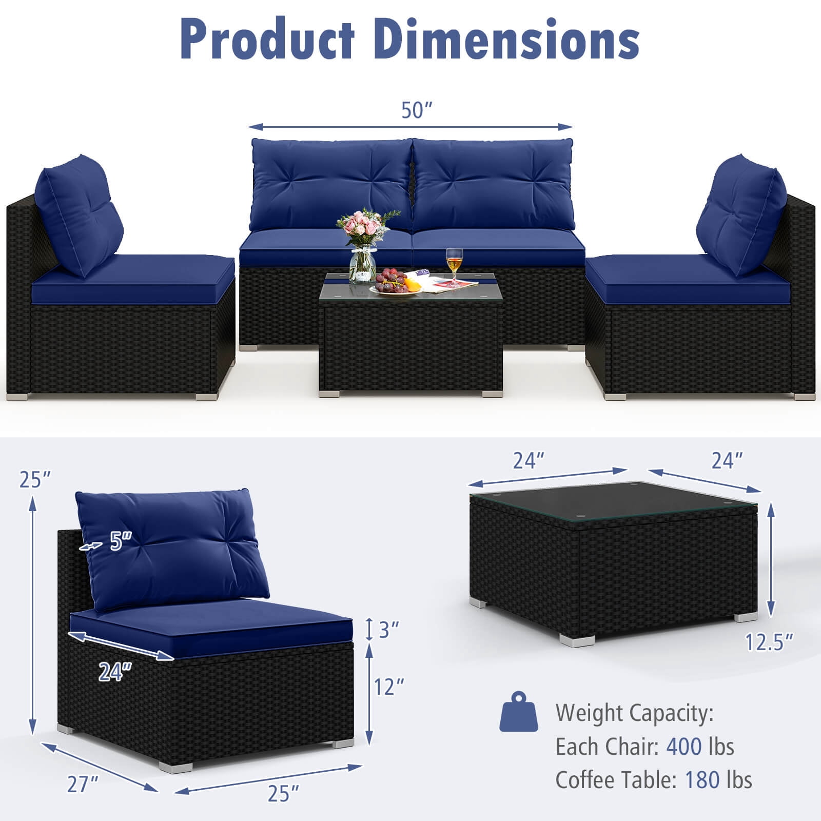 Costway 5 Piece Outdoor Furniture Set with Seat & Back Cushions Tempered Glass Tabletop Blue