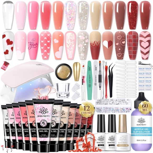 BORN PRETTY Kit de Gel d'Extension Poly-12 Couleurs Kit de Gel pour Ongles Nude Clair Gelée Rose Tout-en-1 Kit de Colle Gel avec Base de Lampe à Ongles Ensemble de Couches de Finition Formes d'Ongles
