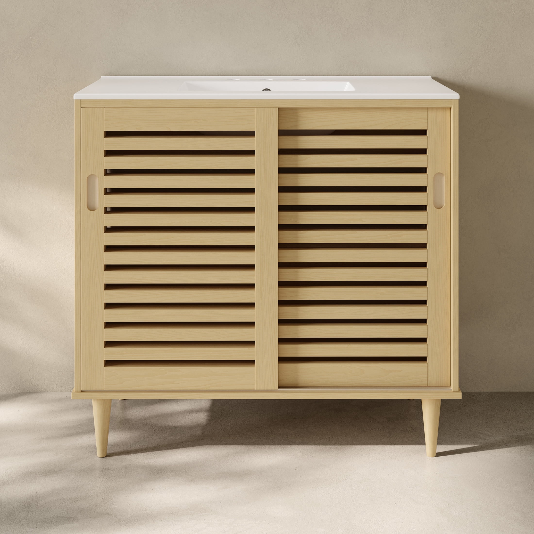 Delice 36" Freestanding Bathroom Vanity in Natural Oak with 3-Hole Widespread Sink Top