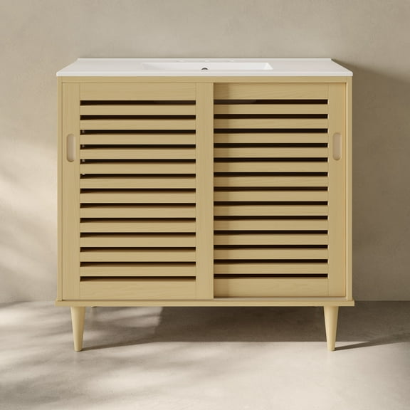 Delice 36" Freestanding Bathroom Vanity in Natural Oak with 3-Hole Widespread Sink Top