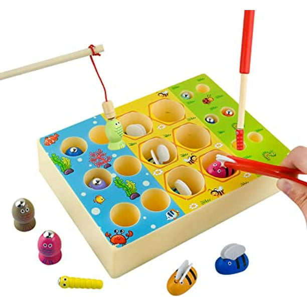 Jinsinto . 3 in 1 Wooden Fishing Game, Montessori Toy 2 Years Old Magnetic  Fishing Game Motor Skills Wooden Fish Toy Gift 1 2 3 4 5 6 Years Old Games  for Kids Girls Boys 