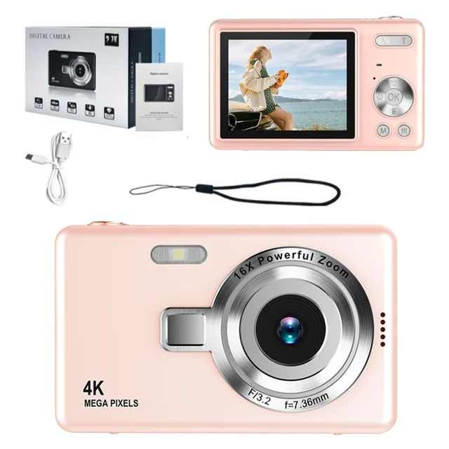 Cámara Digital Para Niños, 4K Fotos Y Video 1080P, Zoom 16x, Pantalla LCD 2.4", Recargable, Fácil De Usar Para Niños 5+ (Colores: Púrpura, Rosa, Negro, Blanco, Plata)