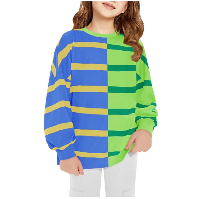 HAiming Chandails en Molleton à Enfiler pour Filles, Manches Longues, Col Rond, Rayé, Bloc de Couleur, Automne Hiver, Blouses Décontractées