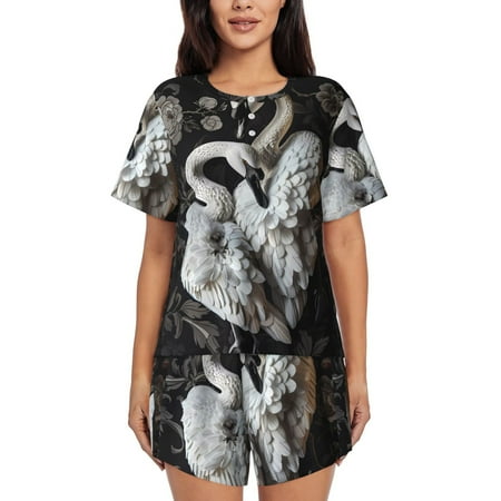 Coaee Elegant Swans Black Background for Women s 2 Piece Pajama Sets Ladies Pjs Sets with Pockets-Large